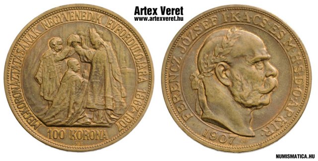 1907-es up jellt artex utnveret rz prbaveret koronzsi 100 korona - (1907 rz prbaveret 100 korona up jellt utnveret koronzsi