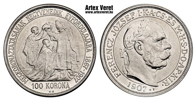 1907-es up jelölt artex fantáziaveret platina koronázási 100 korona - (1907 platina 100 korona up jelölt fantáziaveret koronázási