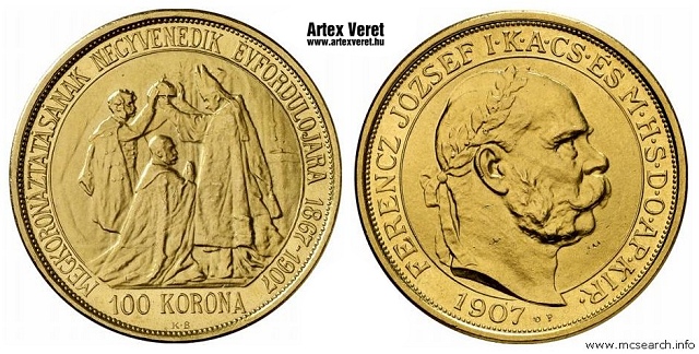 1907-es u p jellt artex utnveret arany koronzsi 100 korona - (1907 arany 100 korona u p jellt utnveret koronzsi