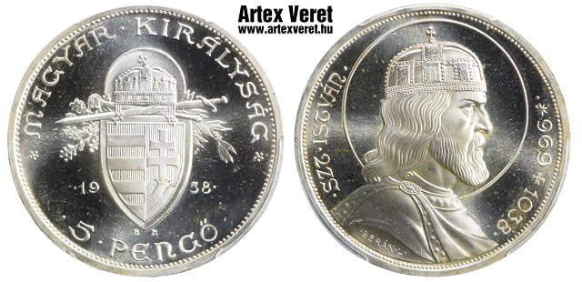 1938-as jelöletlen Szent István ezüst 5 pengő utánveret- (1938 5 pengő jelöletlen)